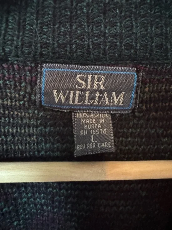 Men's Patterned V-Neck Cardigan Sweater - Dark Green with Berry & Tan Accents - Picture 3 of 3